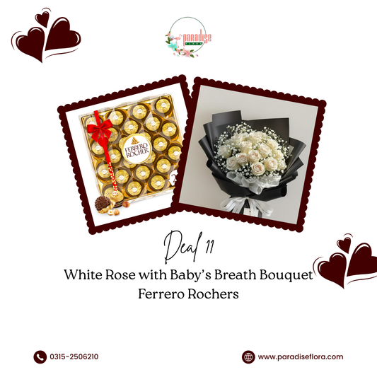 White Rose & Baby’s Breath Bouquet with Ferrero Rocher Box