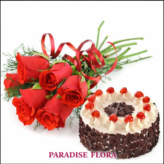 Elegant Red Rose Bouquet & Black Forest Cherry Cake Combo