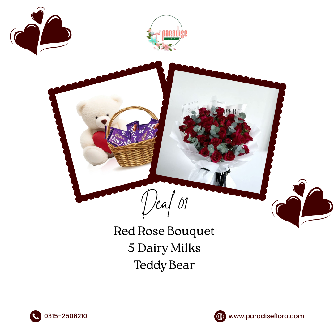 Red Rose Bouquet with Teddy Bear & Dairy Milk Basket