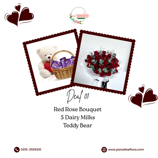 Red Rose Bouquet with Teddy Bear & Dairy Milk Basket