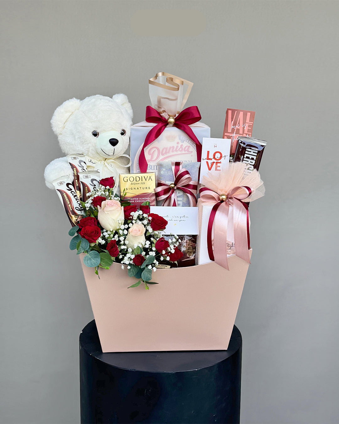 Premium Rose & Chocolate Gift Hamper with White Teddy Bear