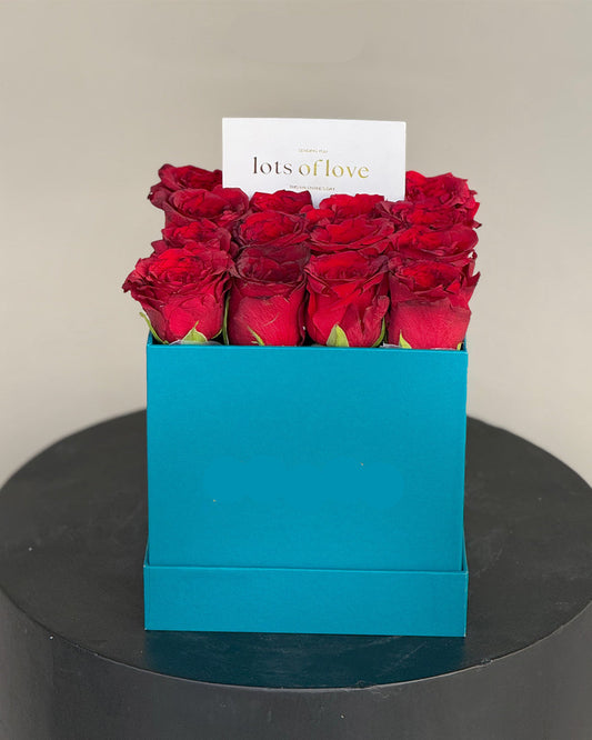 Red Roses in Teal Square Gift Box