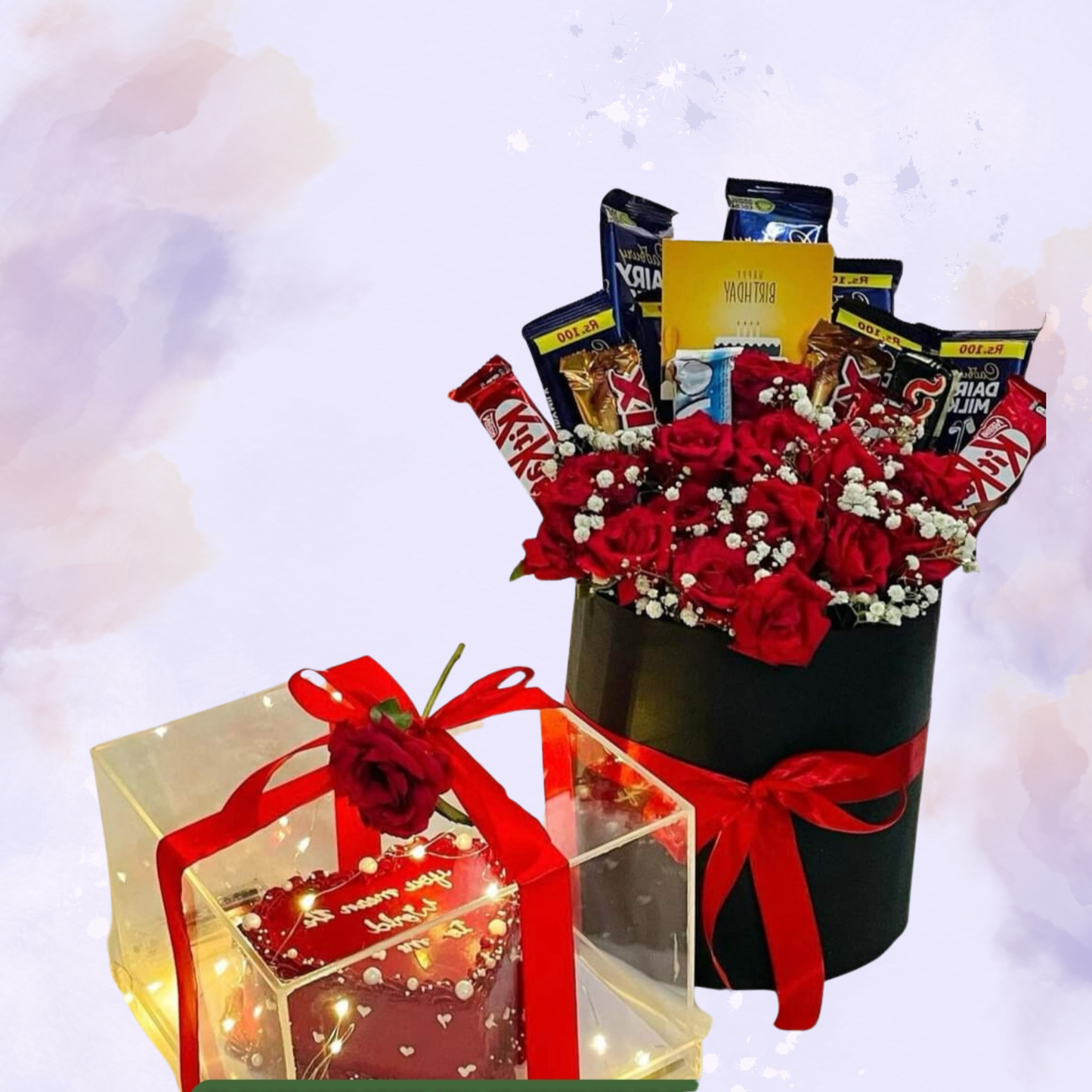 Heart Cake & Red Rose Chocolate Gift Box with Fairy Lights