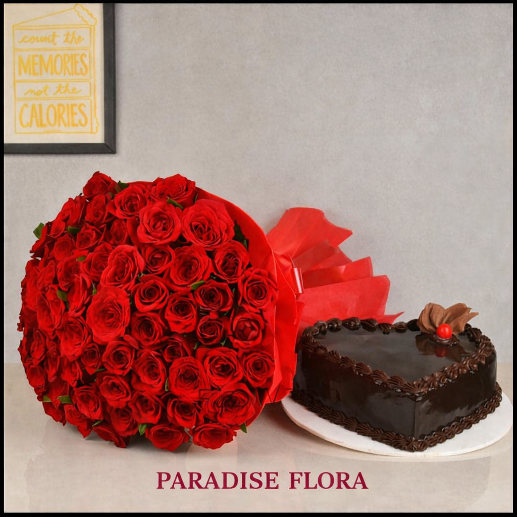 Heartfelt Duo: 50 Red Roses Bouquet with Heart Chocolate Cake