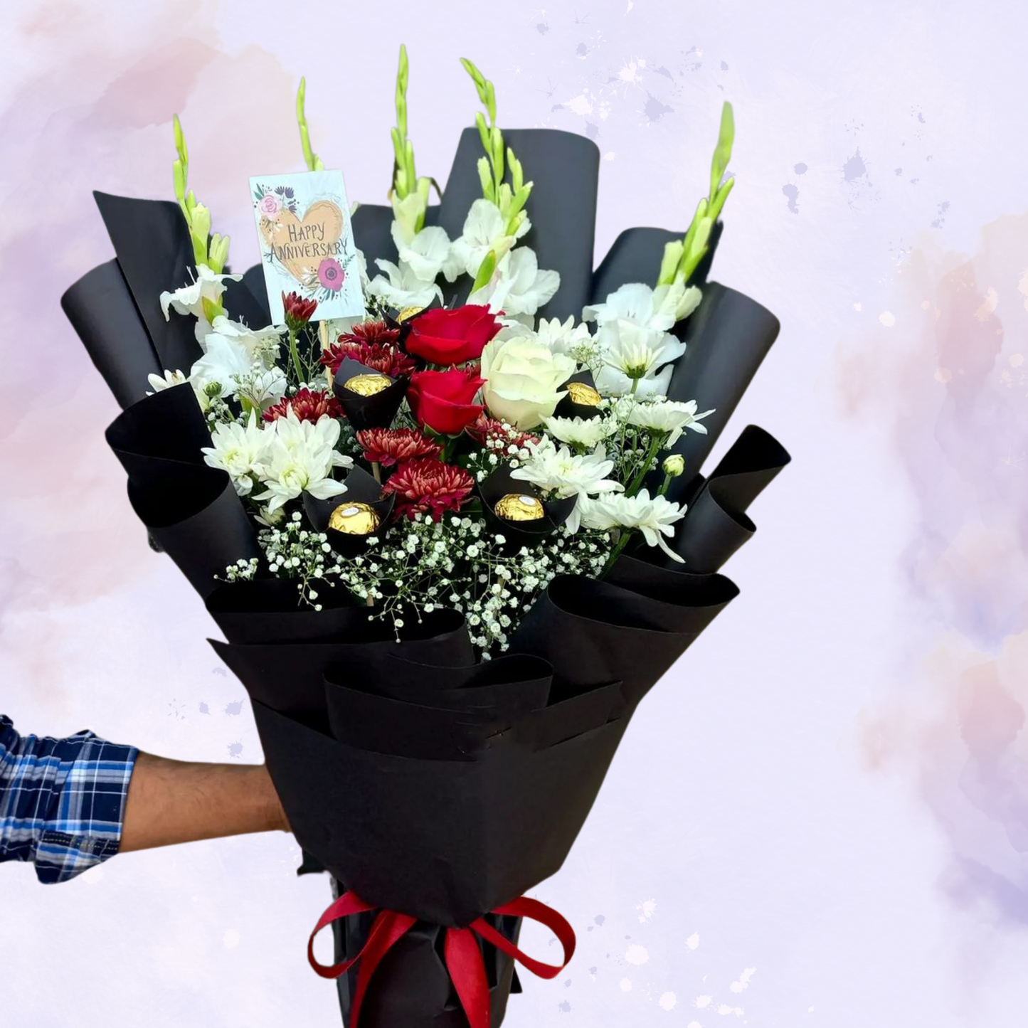 Elegant Red & White Floral Bouquet with Chocolates