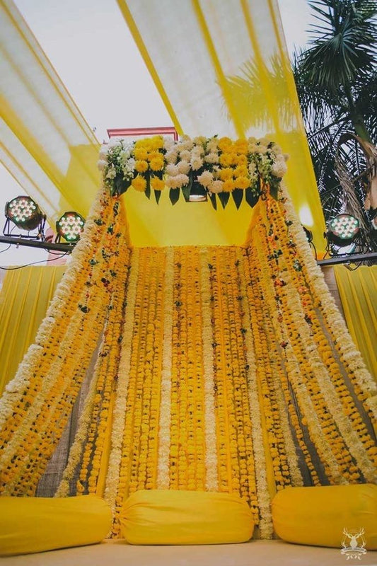 Yellow and White Marigold Garland Backdrop for Mehndi & Mayun