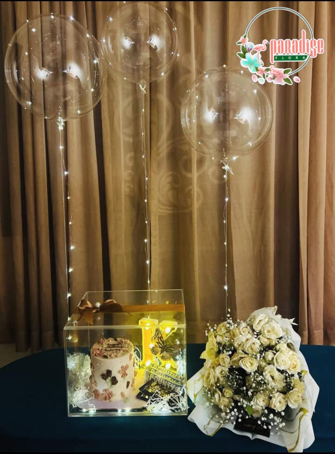 Elegant White Rose Bouquet with LED Bubble Balloons & Acrylic Cake Box
