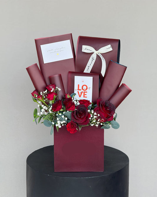 Elegant Maroon Rose Gift Box with "Love" Greeting