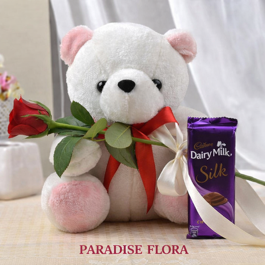 White Teddy Bear with Red Rose and Dairy Milk Silk
