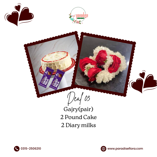 Red and White Rose Gajra Pair with Cake & Dairy Milk Chocolates