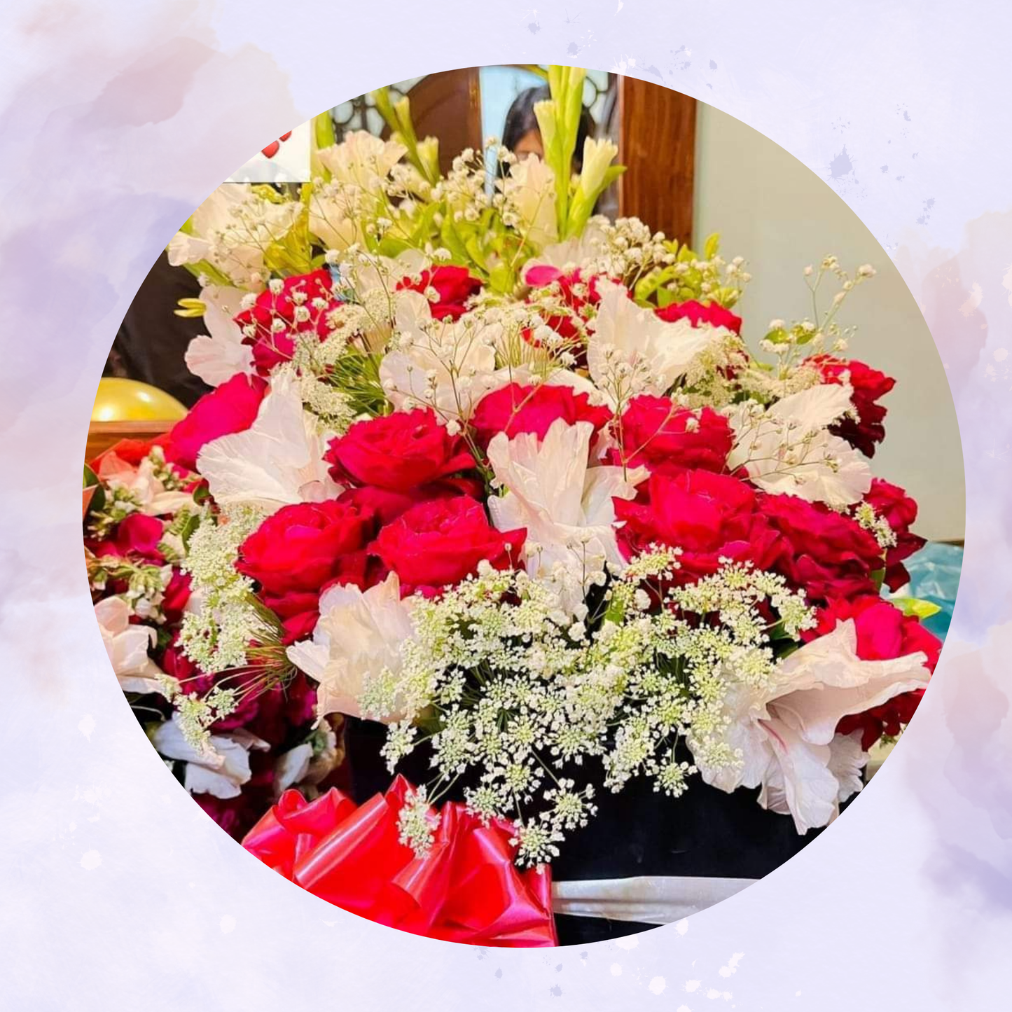 Red Rose and White Lily Floral Box with Baby’s Breath