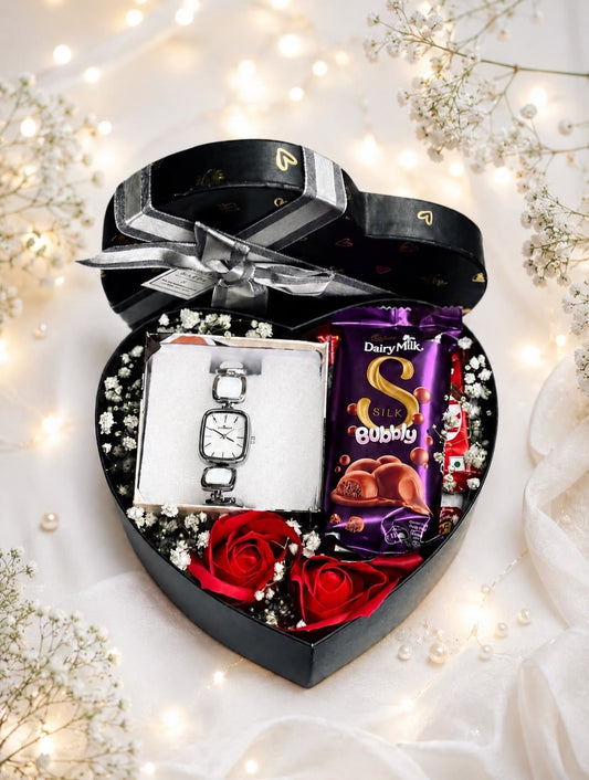 Luxury Heart Gift Box with Watch, Chocolates & Red Roses