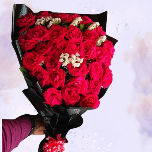 Stunning Deep Red Rose Bouquet with White Statice
