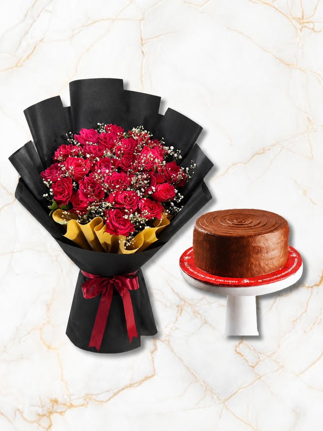 25 roses with baby’s breath milky malt cake