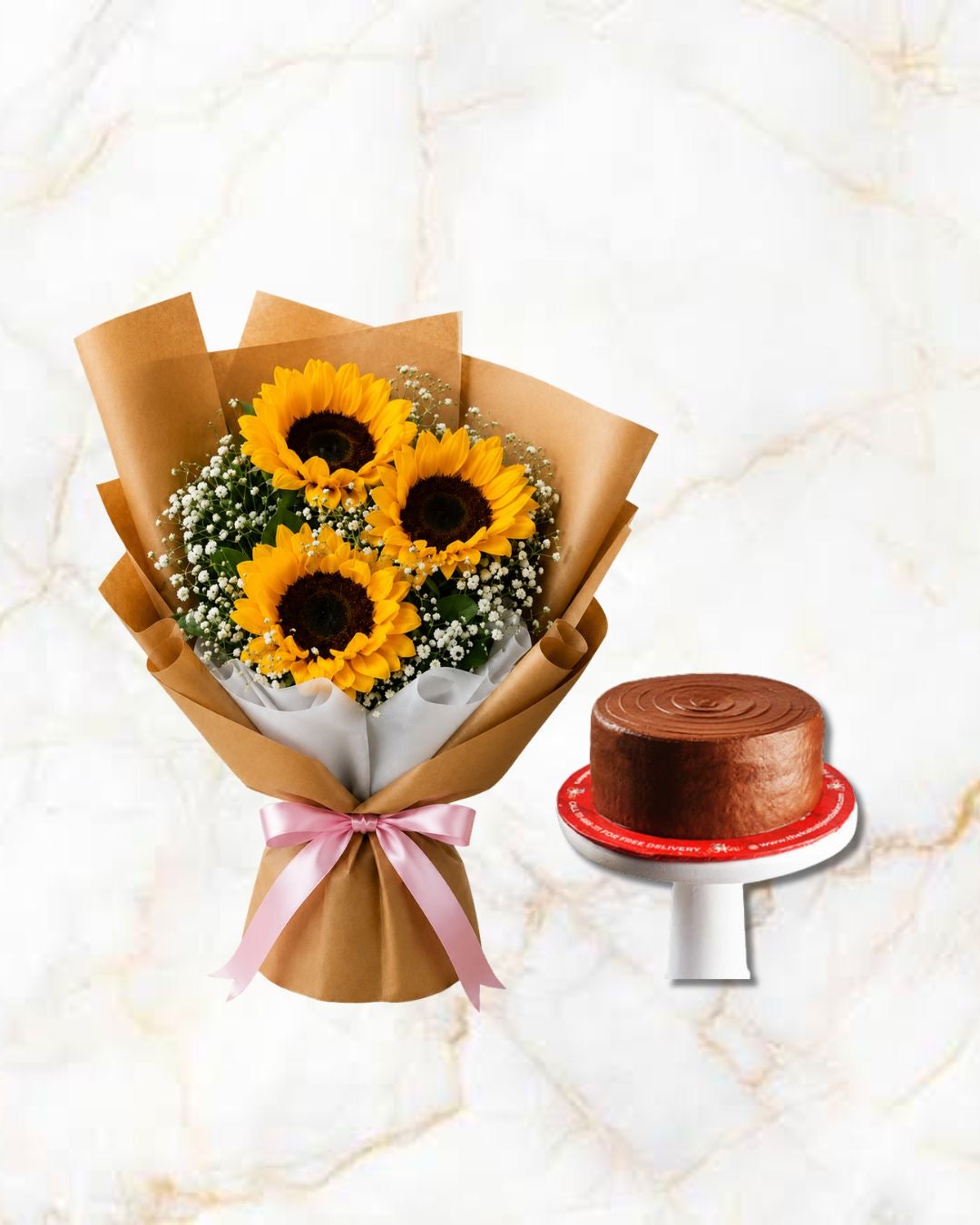 Sunflowers & baby’s breath with chocolate cake