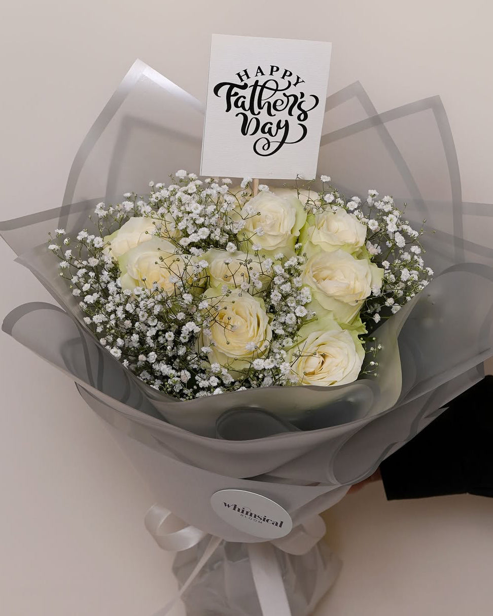 Father’s Day white roses with baby’s breath blooms
