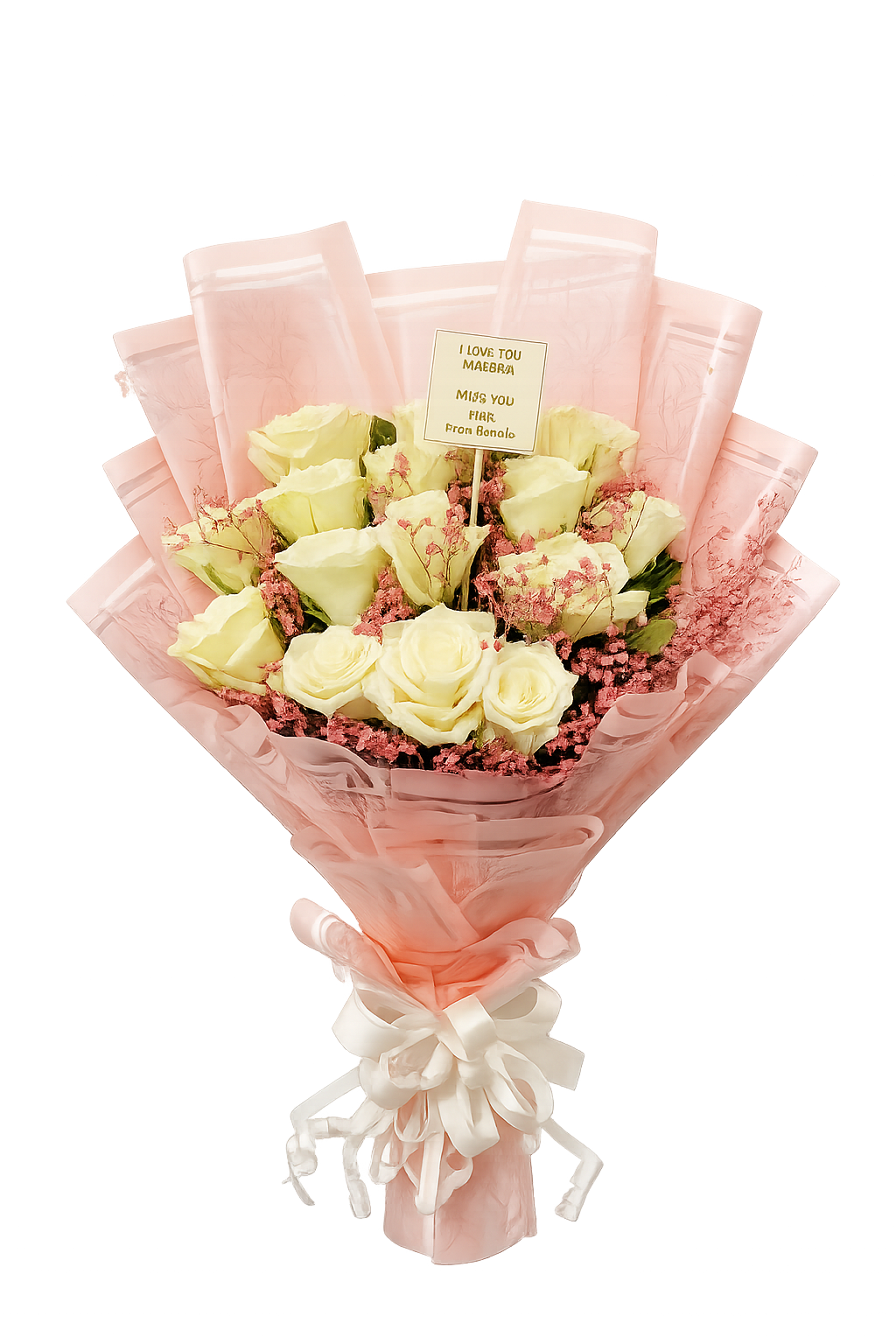 Elegant Cream Rose Bouquet with Pink Baby’s Breath