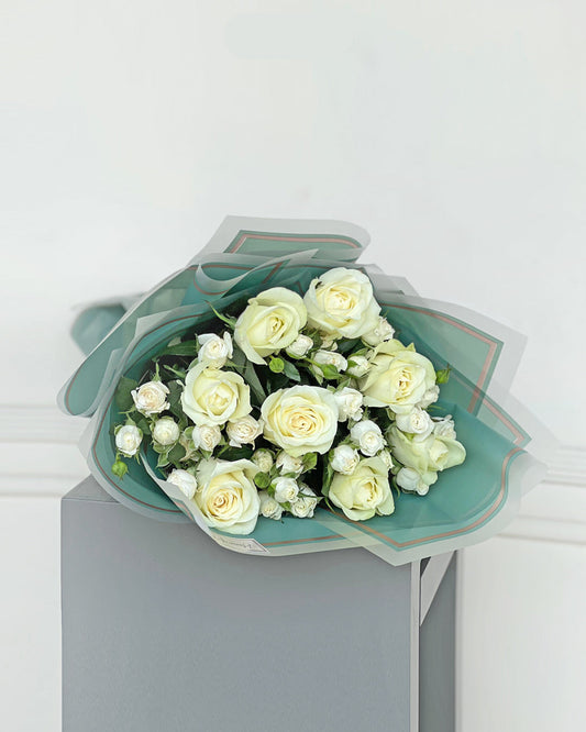 Elegant White Rose & Spray Rose Bouquet in Teal Wrapping