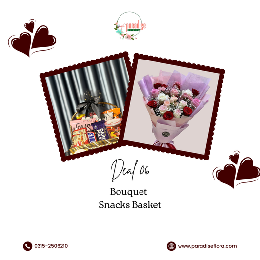 Red & Pink Rose Bouquet with Chocolate Snacks Basket