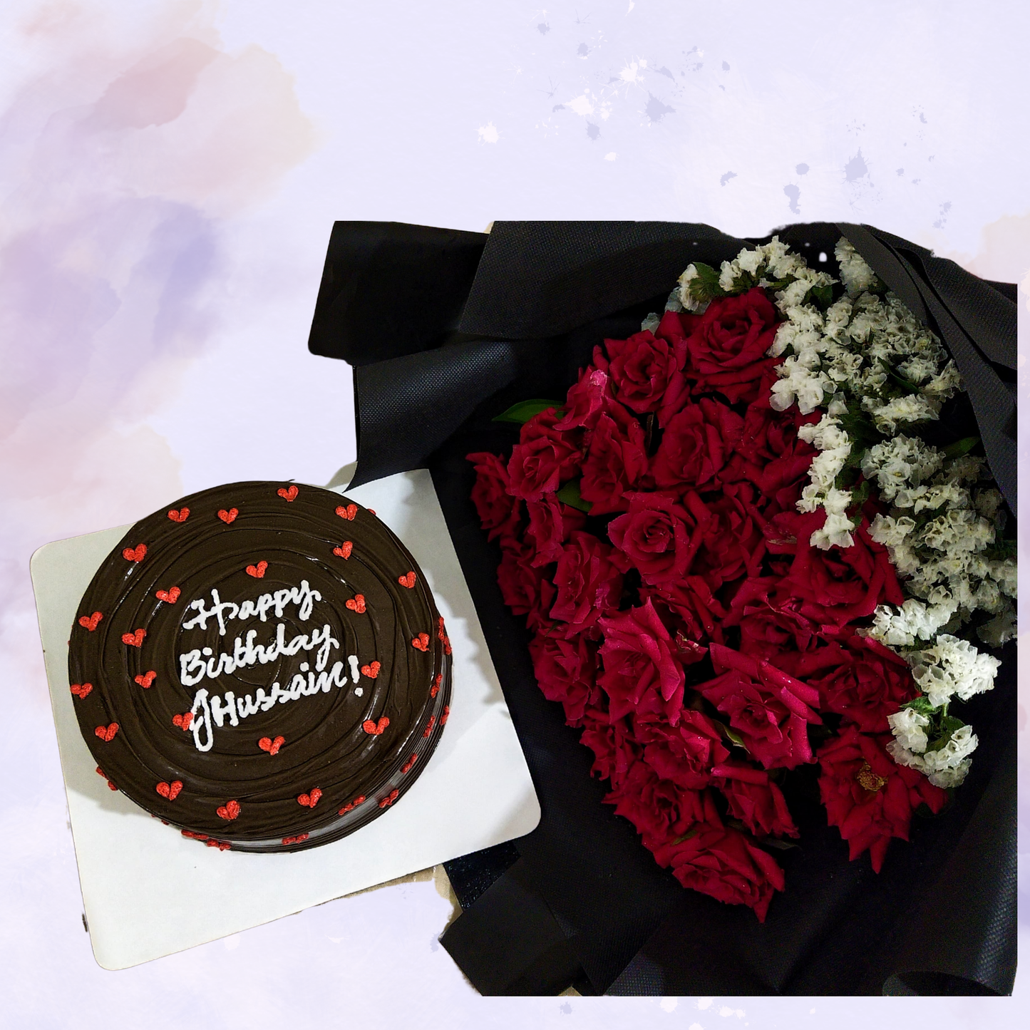 Deep Red Rose Bouquet with Chocolate Birthday Cake Combo