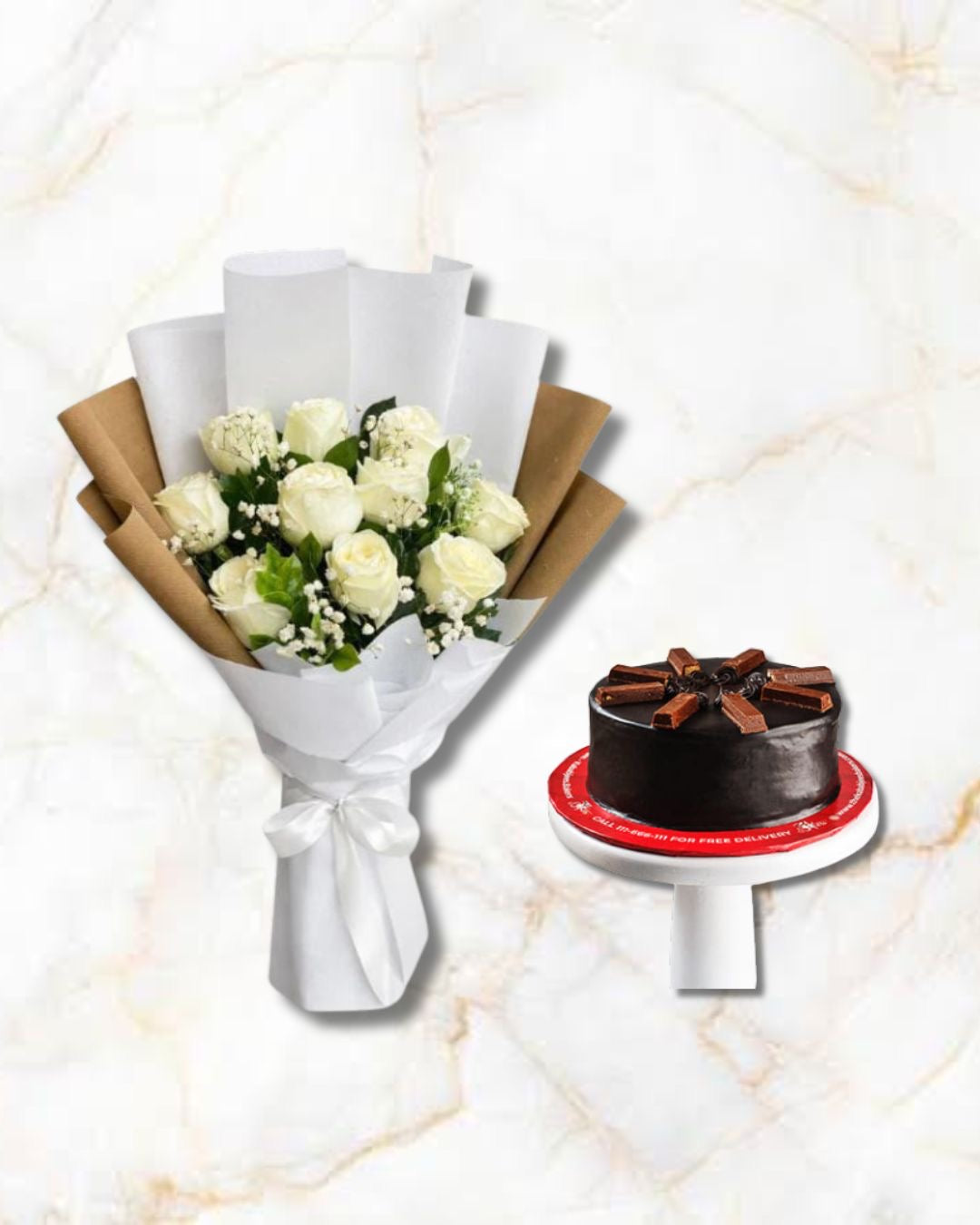 Elegant Imported white roses with baby’s breath and KitKat cake