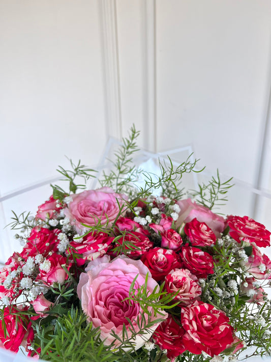 Pink & Red Rose Mix with Baby’s Breath Bouquet