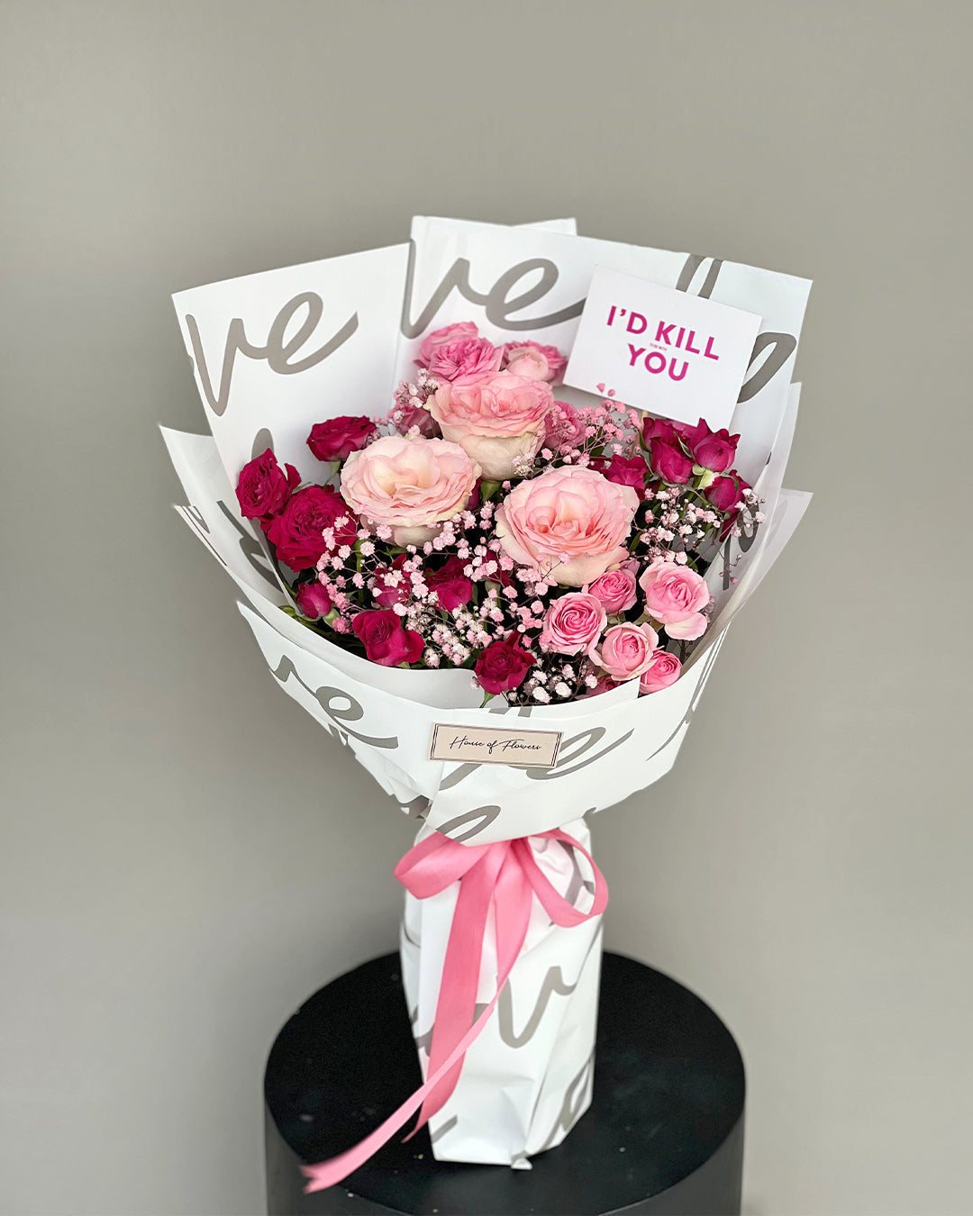 Pink and Magenta Rose Bouquet with Gypsophila in "Love" Wrap