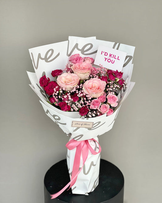 Pink and Magenta Rose Bouquet with Gypsophila in "Love" Wrap