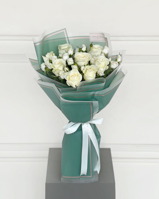 Elegant White Rose & Spray Rose Bouquet in Teal Wrapping