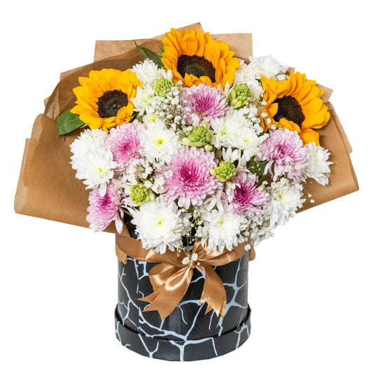 Sunflowers and Mixed Chrysanthemum Box Arrangement