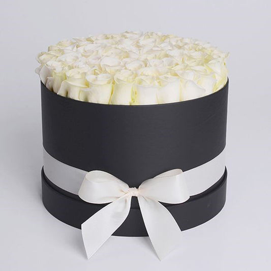 Elegant White Roses in Premium Black Round Box