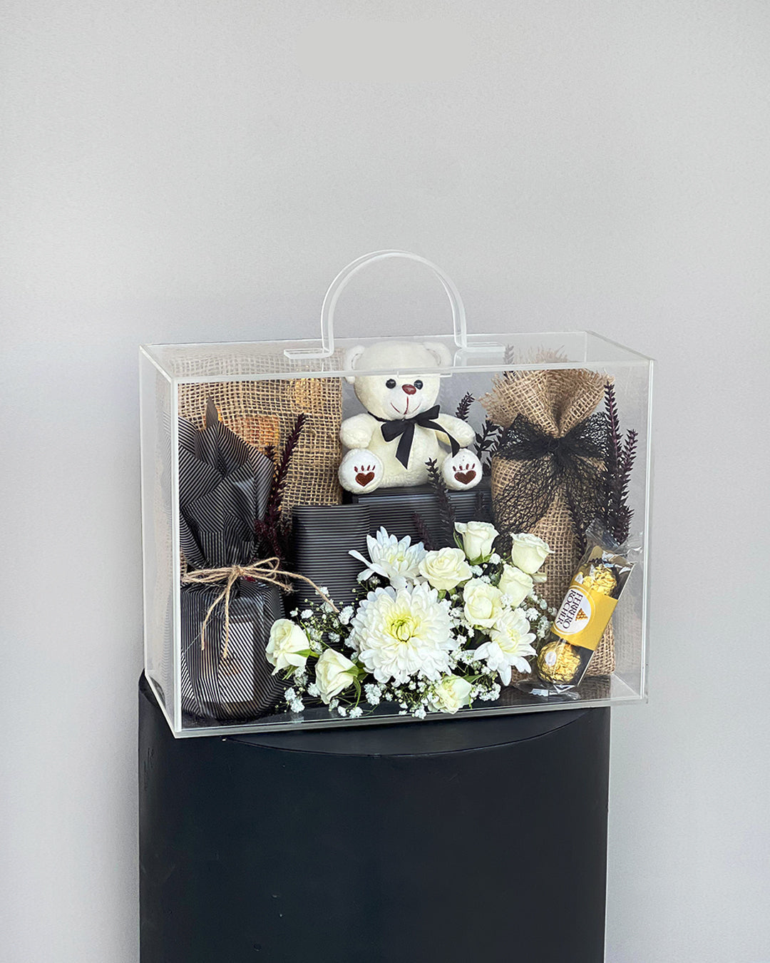 White Floral Bliss Acrylic Gift Box with Teddy & Chocolates
