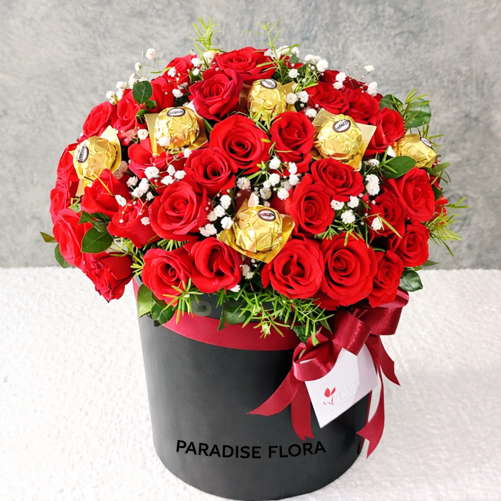 Premium Red Roses & Ferrero Rocher Black Box Arrangement