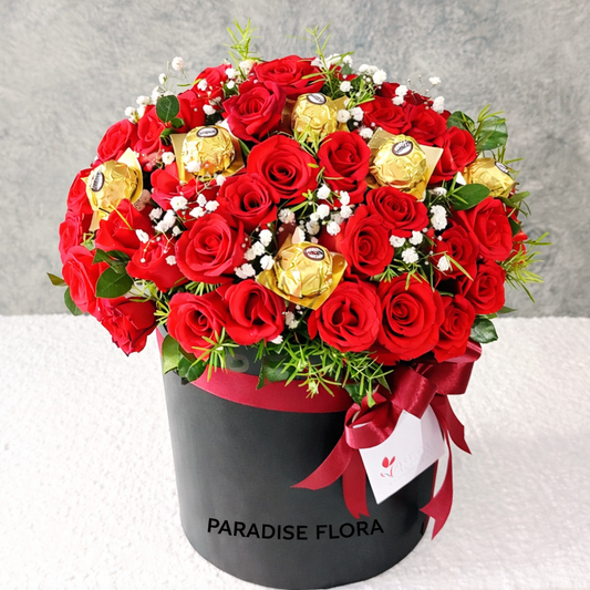 Premium Red Roses & Ferrero Rocher Black Box Arrangement
