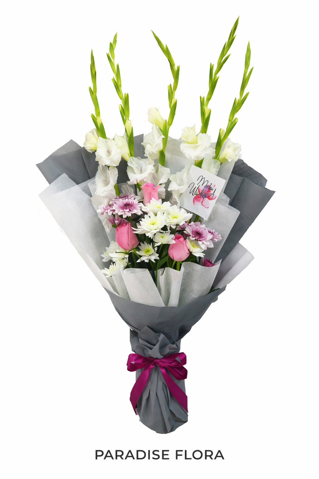 White Gladiolus and Pink Rose Bouquet with Mixed Chrysanthemums