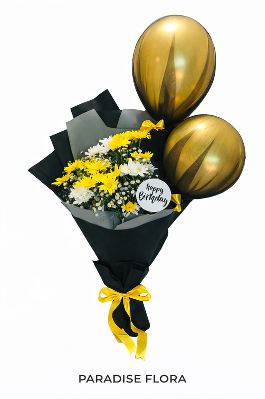 Yellow Chrysanthemum & White Daisy Birthday Bouquet with Gold Balloons