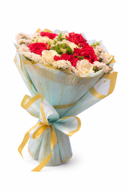 Classic Red & White Rose Bouquet in Sky Blue Wrap
