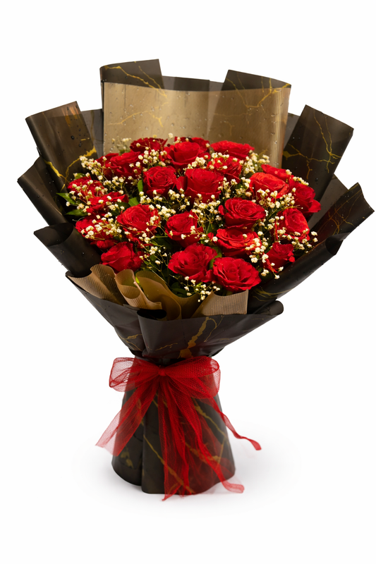 Classic Red Roses & Baby’s Breath Bouquet in Black Marble Wrap