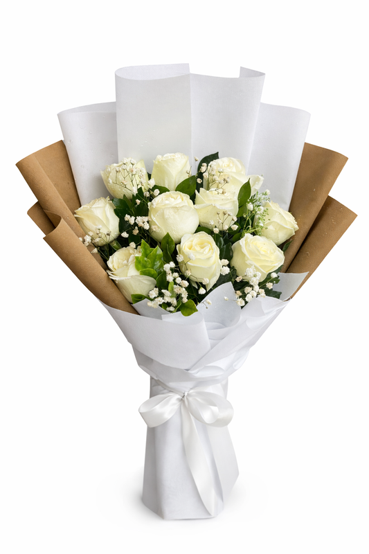 Elegant White Rose Bouquet with Baby's Breath