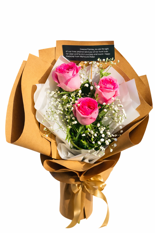 Trio of Pink Roses in Kraft Wrap with Baby's Breath