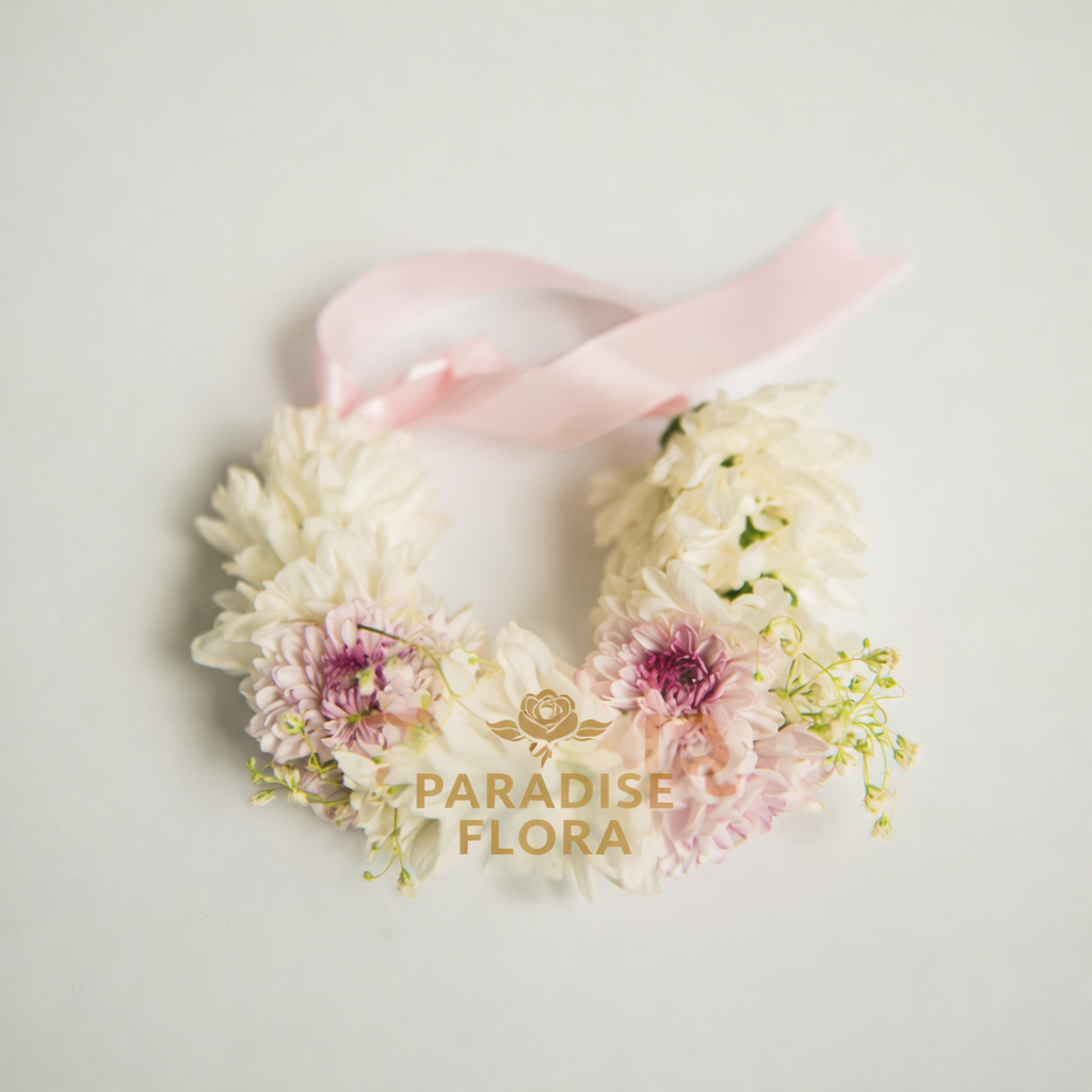 Dainty White & Pink Chrysanthemum Floral Gajra with Pink Ribbon