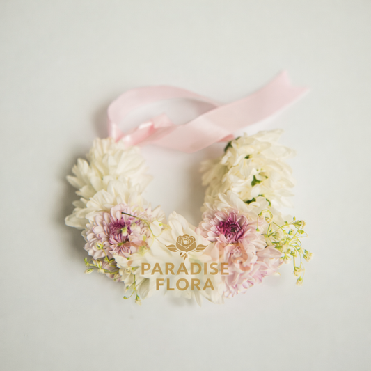 Dainty White & Pink Chrysanthemum Floral Gajra with Pink Ribbon