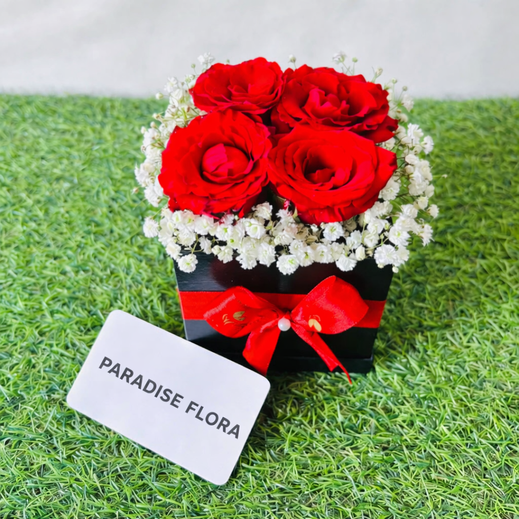 Elegant Red Rose Square Gift Box with Baby's Breath