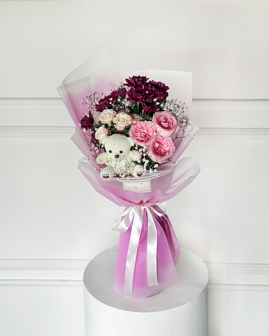 Pink Roses & Purple Chrysanthemum Bouquet with Teddy Bear