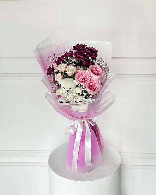 Pink Roses & Purple Chrysanthemum Bouquet with Teddy Bear