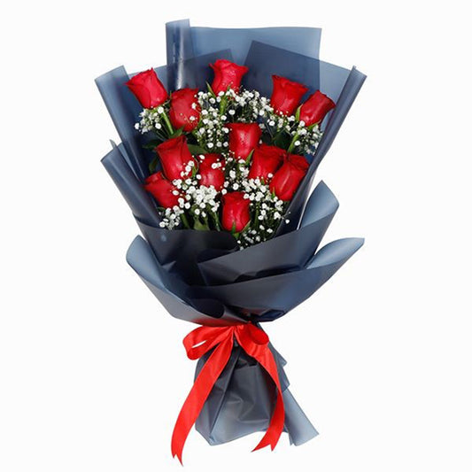 A Dozen Radiant Red Roses in Midnight Blue Wrap