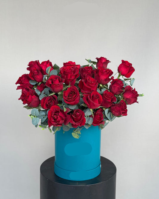 Elegant Red Roses Box Arrangement with Eucalyptus