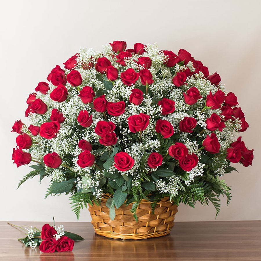 Grand Eternal Love – 100 Red Roses Basket with Baby's Breath