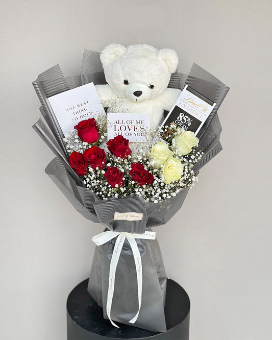 Red & White Rose Bouquet with Teddy Bear & Lindt Chocolate