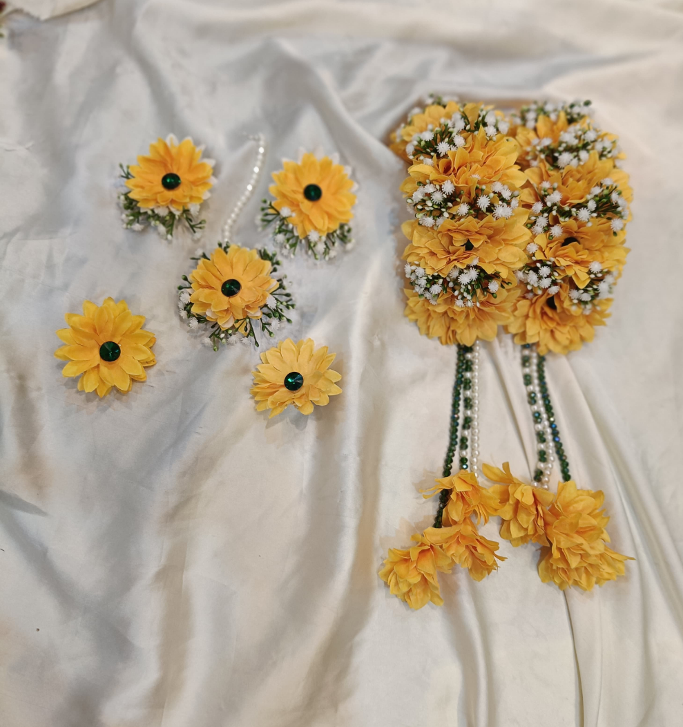 Yellow Floral Jewellery Set with Pearl Accents and Green Centers